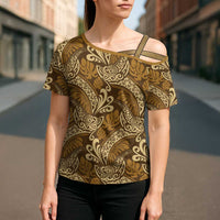 Brown Gold Monstera Cross Shoulder Shirt Polynesian Tribal Pattern - Polynesian Pride