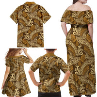 Brown Gold Monstera Family Matching Off Shoulder Maxi Dress and Hawaiian Shirt Polynesian Tribal Pattern - Polynesian Pride