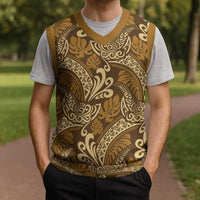 Brown Gold Monstera Christmas Knitted V-Neck Vest Polynesian Tribal Pattern - Polynesian Pride