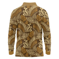 Brown Gold Monstera Long Sleeve Polo Shirt Polynesian Tribal Pattern - Polynesian Pride