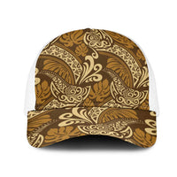 Brown Gold Monstera Mesh Trucker Cap Polynesian Tribal Pattern - Polynesian Pride