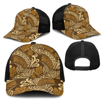 Brown Gold Monstera Mesh Trucker Cap Polynesian Tribal Pattern - Polynesian Pride