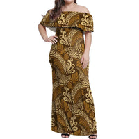 Brown Gold Monstera Off Shoulder Maxi Dress Polynesian Tribal Pattern - Polynesian Pride
