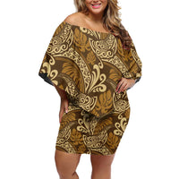 Brown Gold Monstera Off Shoulder Short Dress Polynesian Tribal Pattern - Polynesian Pride