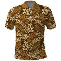 Brown Gold Monstera Polo Shirt Polynesian Tribal Pattern - Polynesian Pride