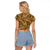Brown Gold Monstera Raglan Cropped T Shirt Polynesian Tribal Pattern - Polynesian Pride