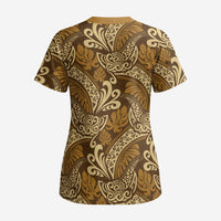 Brown Gold Monstera Scrub Top Polynesian Tribal Pattern - Polynesian Pride