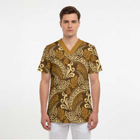 Brown Gold Monstera Scrub Top Polynesian Tribal Pattern - Polynesian Pride