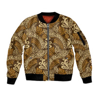Brown Gold Monstera Sleeve Zip Bomber Jacket Polynesian Tribal Pattern - Polynesian Pride