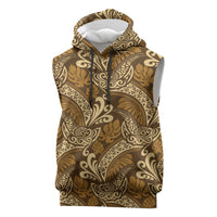 Brown Gold Monstera Sleeveless Hoodie Polynesian Tribal Pattern - Polynesian Pride