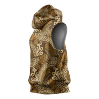 Brown Gold Monstera Sleeveless Hoodie Polynesian Tribal Pattern - Polynesian Pride
