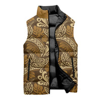 Brown Gold Monstera Sleeveless Puffer Jacket Polynesian Tribal Pattern - Polynesian Pride
