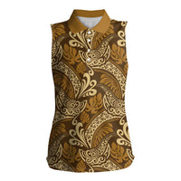 Brown Gold Monstera Women Sleeveless Polo Shirt Polynesian Tribal Pattern - Polynesian Pride