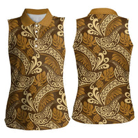 Brown Gold Monstera Women Sleeveless Polo Shirt Polynesian Tribal Pattern - Polynesian Pride