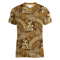 Brown Gold Monstera Women V-Neck T-Shirt Polynesian Tribal Pattern - Polynesian Pride