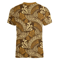 Brown Gold Monstera Women V-Neck T-Shirt Polynesian Tribal Pattern - Polynesian Pride