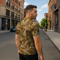 Brown Gold Monstera Zipper Polo Shirt Polynesian Tribal Pattern - Polynesian Pride
