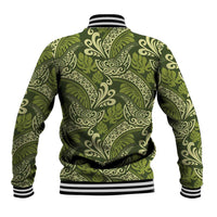 Olive Green Monstera Baseball Jacket Polynesian Tribal Pattern - Polynesian Pride