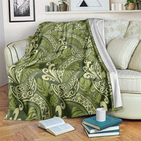 Olive Green Monstera Blanket Polynesian Tribal Pattern - Polynesian Pride