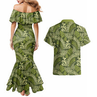 Olive Green Monstera Couples Matching Mermaid Dress and Hawaiian Shirt Polynesian Tribal Pattern - Polynesian Pride