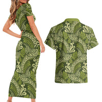 Olive Green Monstera Couples Matching Short Sleeve Bodycon Dress and Hawaiian Shirt Polynesian Tribal Pattern - Polynesian Pride
