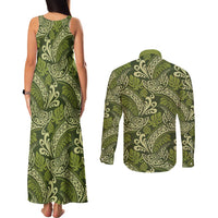 Olive Green Monstera Couples Matching Tank Maxi Dress and Long Sleeve Button Shirt Polynesian Tribal Pattern - Polynesian Pride