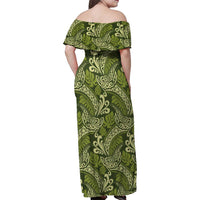 Olive Green Monstera Family Matching Off Shoulder Maxi Dress and Hawaiian Shirt Polynesian Tribal Pattern - Polynesian Pride