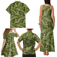 Olive Green Monstera Family Matching Tank Maxi Dress and Hawaiian Shirt Polynesian Tribal Pattern - Polynesian Pride