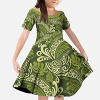 Olive Green Monstera Kid Short Sleeve Dress Polynesian Tribal Pattern - Polynesian Pride