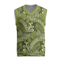 Olive Green Monstera Christmas Knitted V-Neck Vest Polynesian Tribal Pattern - Polynesian Pride
