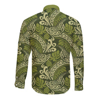Olive Green Monstera Long Sleeve Button Shirt Polynesian Tribal Pattern - Polynesian Pride