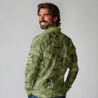 Olive Green Monstera Long Sleeve Polo Shirt Polynesian Tribal Pattern - Polynesian Pride