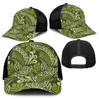 Olive Green Monstera Mesh Trucker Cap Polynesian Tribal Pattern - Polynesian Pride