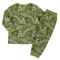 Olive Green Monstera Christmas Pajama Set Polynesian Tribal Pattern - Polynesian Pride