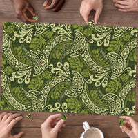 Olive Green Monstera Puzzle Polynesian Tribal Pattern - Polynesian Pride