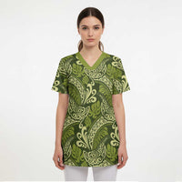Olive Green Monstera Scrub Top Polynesian Tribal Pattern - Polynesian Pride