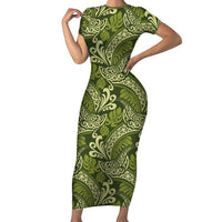Olive Green Monstera Short Sleeve Bodycon Dress Polynesian Tribal Pattern - Polynesian Pride