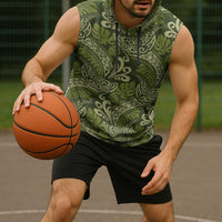 Olive Green Monstera Sleeveless Hoodie Polynesian Tribal Pattern - Polynesian Pride