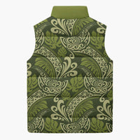 Olive Green Monstera Sleeveless Puffer Jacket Polynesian Tribal Pattern - Polynesian Pride