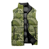 Olive Green Monstera Sleeveless Puffer Jacket Polynesian Tribal Pattern - Polynesian Pride