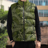 Olive Green Monstera Sleeveless Puffer Jacket Polynesian Tribal Pattern - Polynesian Pride