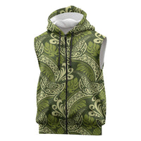 Olive Green Monstera Sleeveless Zip Hoodie Polynesian Tribal Pattern - Polynesian Pride