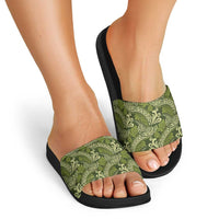 Olive Green Monstera Slide Sandals Polynesian Tribal Pattern - Polynesian Pride