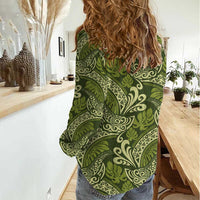 Olive Green Monstera Women Casual Shirt Polynesian Tribal Pattern - Polynesian Pride