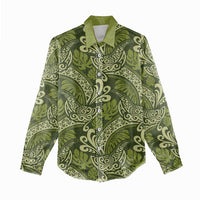 Olive Green Monstera Women Casual Shirt Polynesian Tribal Pattern - Polynesian Pride