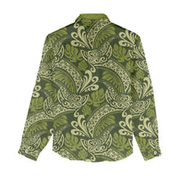 Olive Green Monstera Women Casual Shirt Polynesian Tribal Pattern - Polynesian Pride