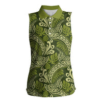 Olive Green Monstera Women Sleeveless Polo Shirt Polynesian Tribal Pattern - Polynesian Pride