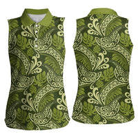Olive Green Monstera Women Sleeveless Polo Shirt Polynesian Tribal Pattern - Polynesian Pride