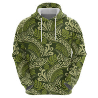 Olive Green Monstera Zip Hoodie Polynesian Tribal Pattern - Polynesian Pride
