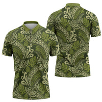Olive Green Monstera Zipper Polo Shirt Polynesian Tribal Pattern - Polynesian Pride